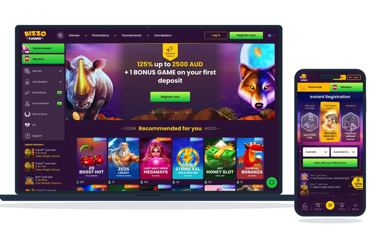 Bonus banner on a casino home page, showing the match percentage and the free game that comes with it, on a laptop and a phone