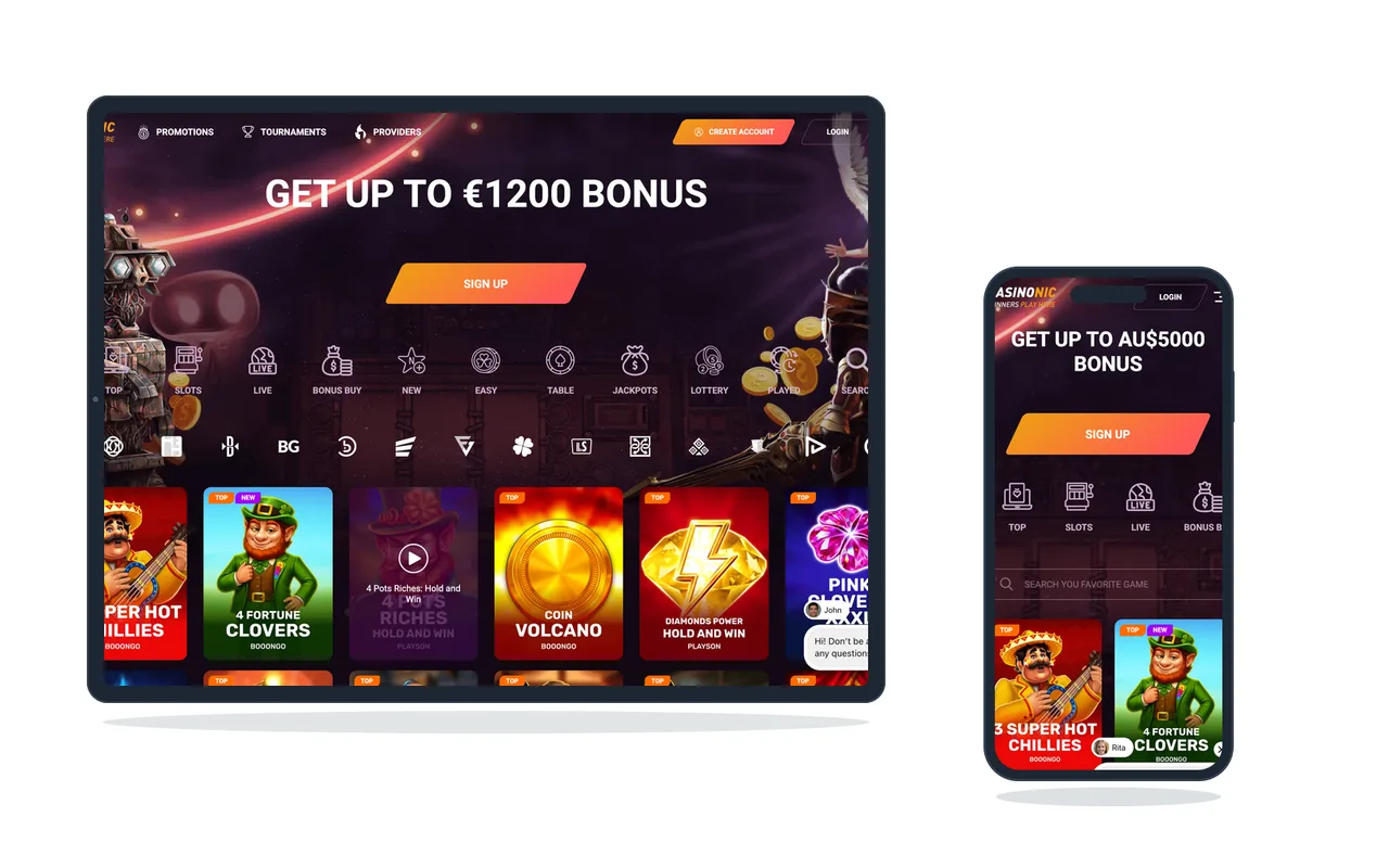 Casino home page with the payment provider logos and the category icons under the bonus banner, on a tablet and a phone