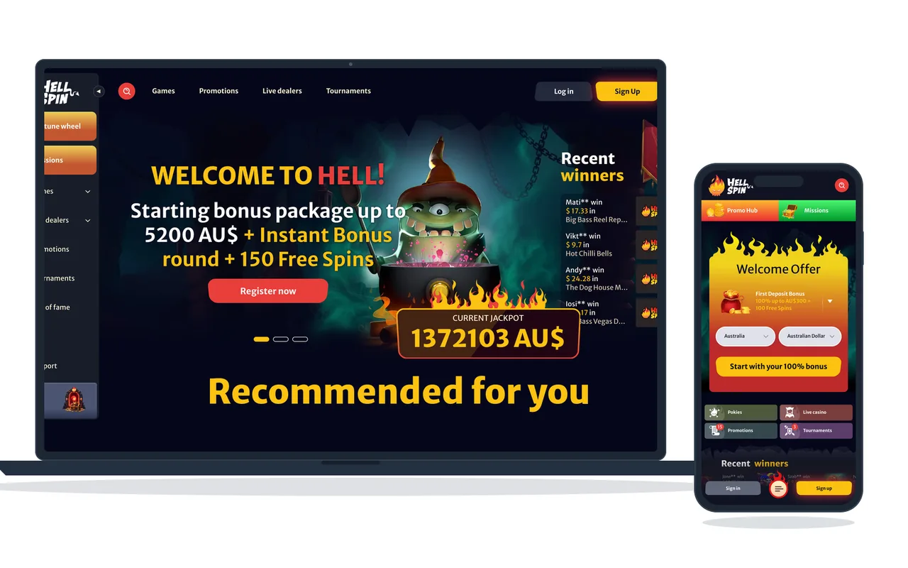 Casino home page showing the welcome package in Australian dollars, the running jackpot counter and a recent winners column, on a laptop and a phone