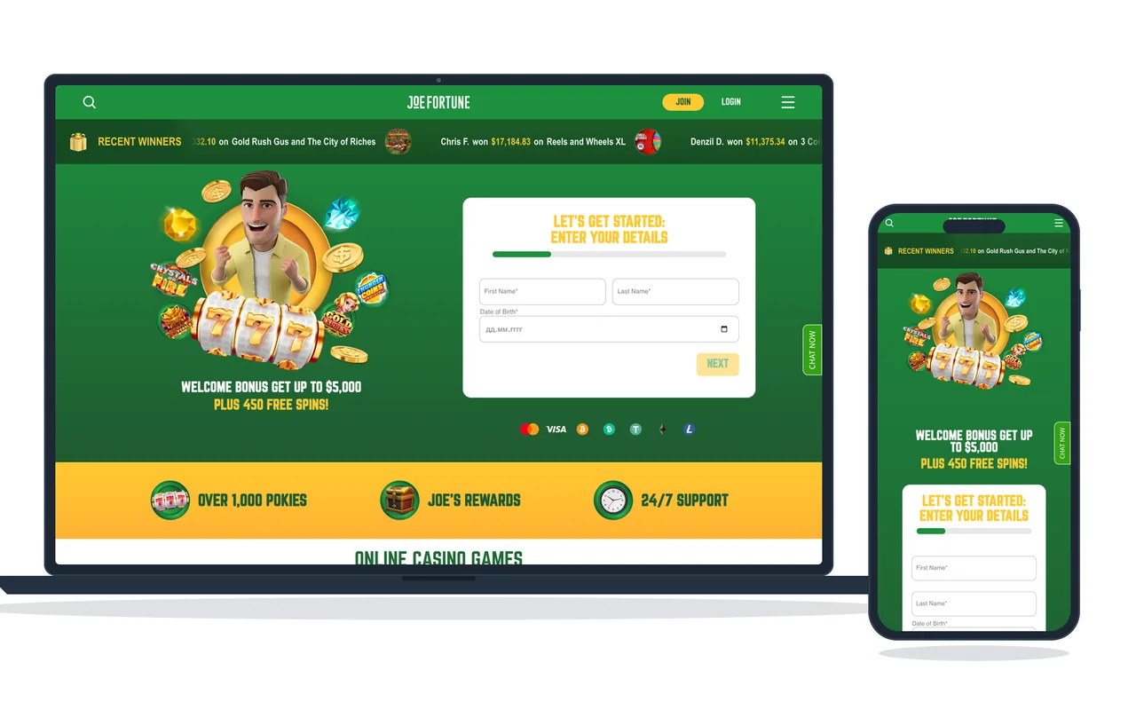 Payment method logos along the foot of a casino home page, under the welcome offer, on a laptop and a phone