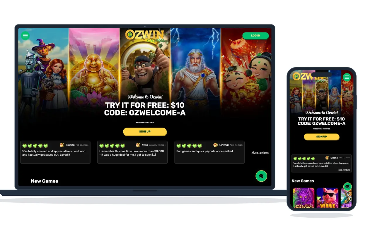 Casino home page of a site that accepts voucher deposits, with the sign-up code shown on the banner, on a laptop and a phone