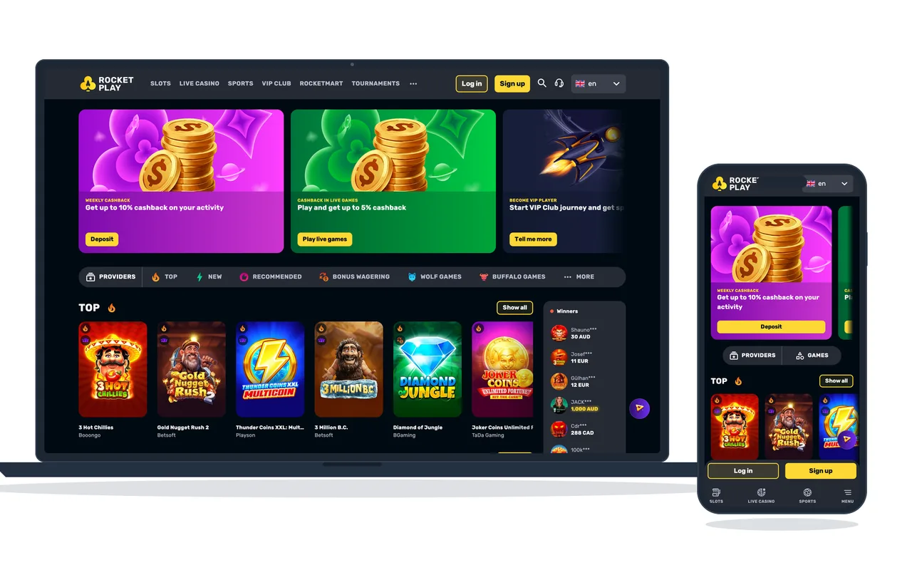 Casino home page with cashback promotion tiles, the provider filter row and the most played games underneath, on a laptop and a phone