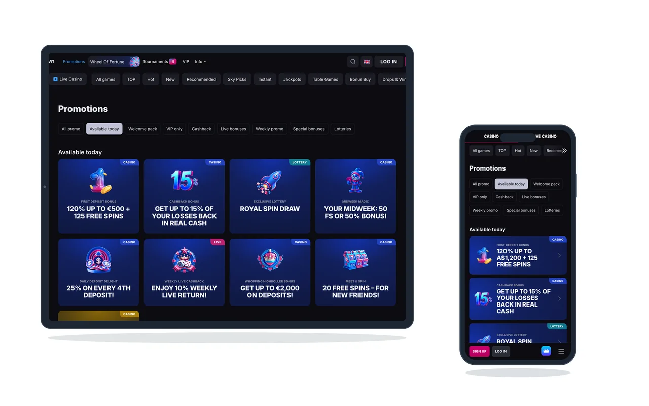 Promotions page of an Australian-facing casino, with the tournament and live casino offers among the cards, on a tablet and a phone