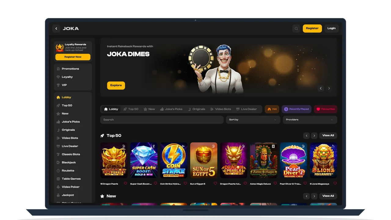 Casino lobby with the loyalty and responsible gambling links running down the sidebar, on a laptop