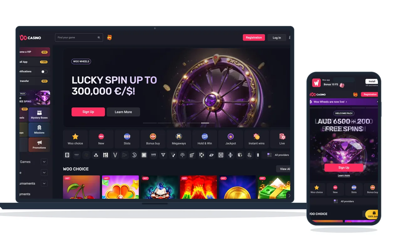 Prize wheel promotion on a casino home page, with the offer amount above the game categories, on a laptop and a phone